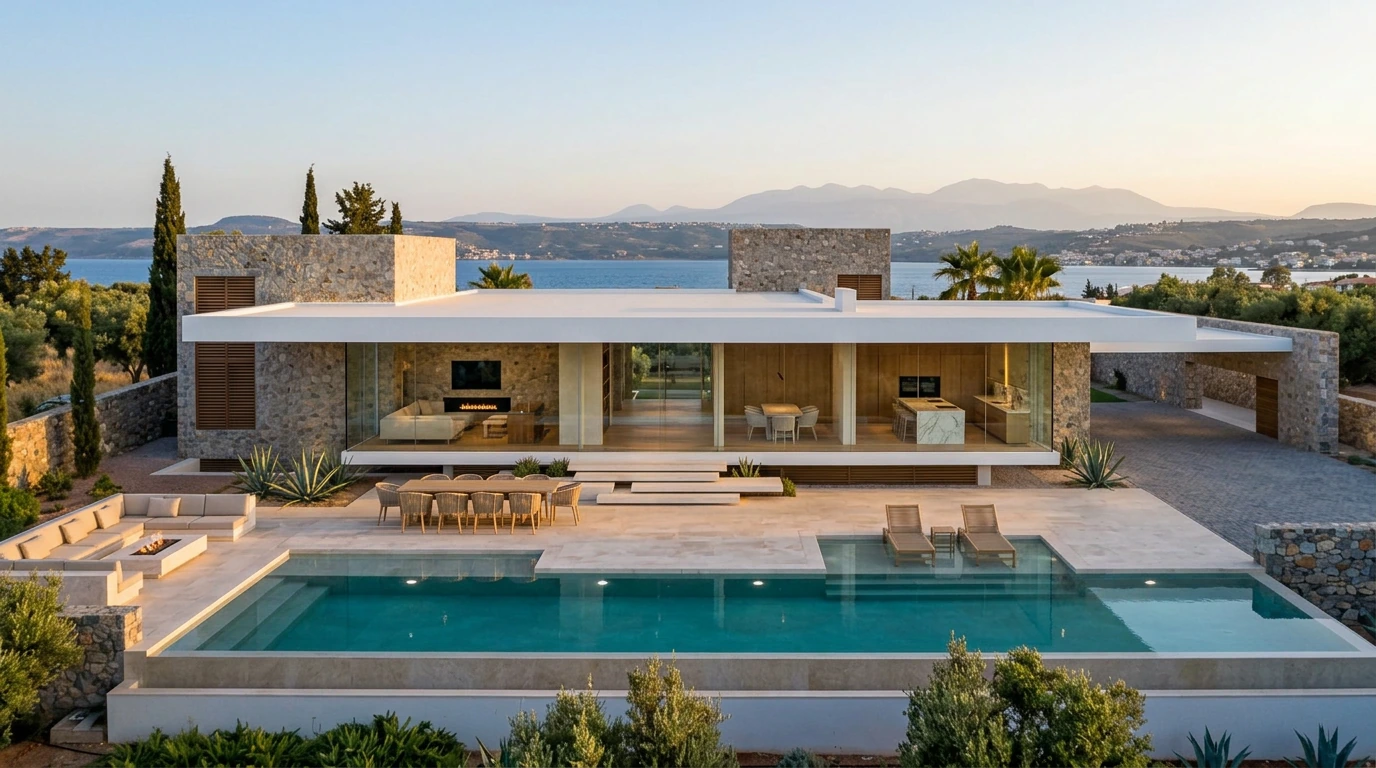 Visualización fotorrealista de la villa terminada: fachada, terraza y piscina