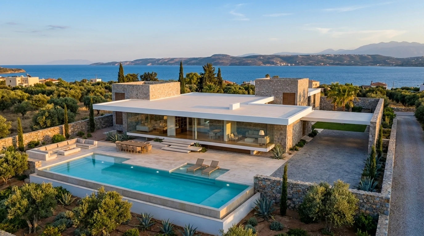 Villa contemporánea visualizada sobre plano