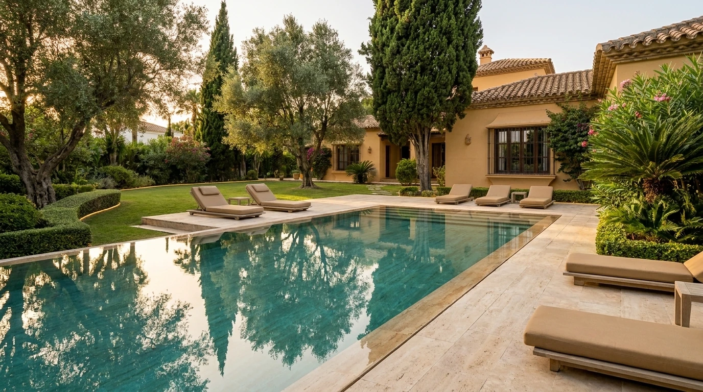 Jardín mediterráneo con piscina